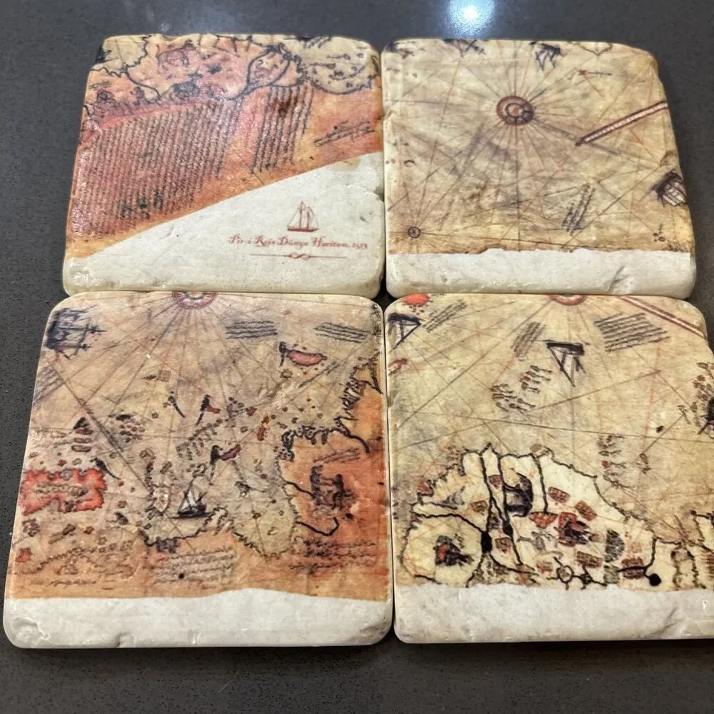 Piri Reis World Map Coaster Set Of Four Made Of Stone With Cork Backing